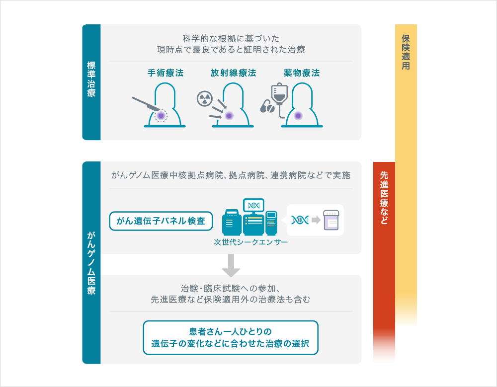 標準治療 科学的な根拠に基づいた現時点で最良であると証明された治療 手術療法 放射線療法 薬物療法 | がんゲノム医療 がんゲノム医療中核拠点病院、拠点病院*、連携病院などで実施 がん遺伝子パネル検査 次世代シークエンサー 治験・臨床試験への参加、先進医療など保険適応外の治療法も含む 患者さん一人ひとりの遺伝子の変化などにあわせた治療の選択